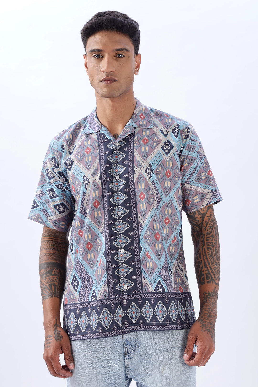 Blue resort wear geometric printed half sleeve shirt