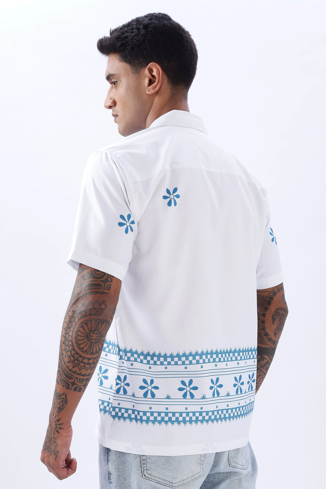 White border printed camp collar short sleeve shirt