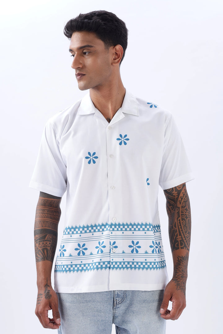 White border printed camp collar short sleeve shirt