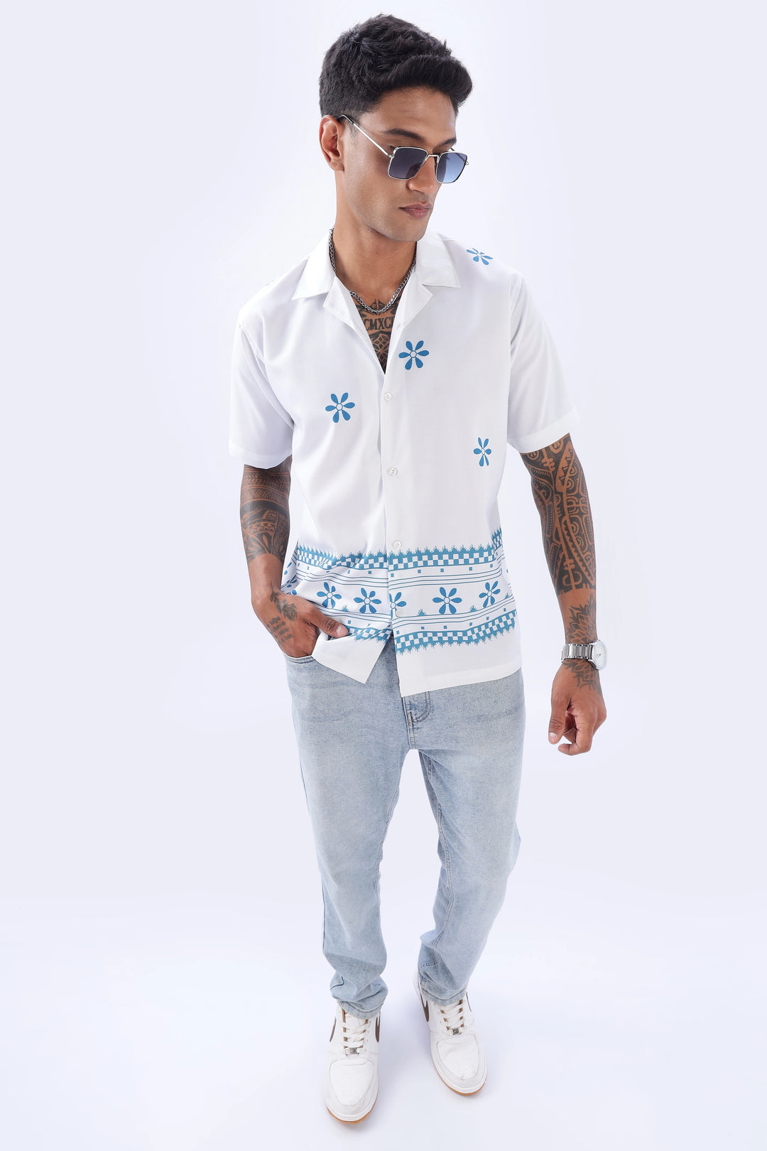 White border printed camp collar short sleeve shirt