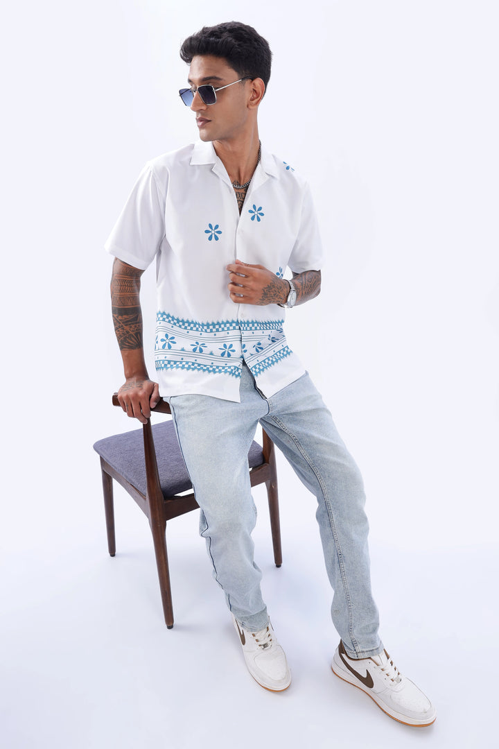 White border printed camp collar short sleeve shirt