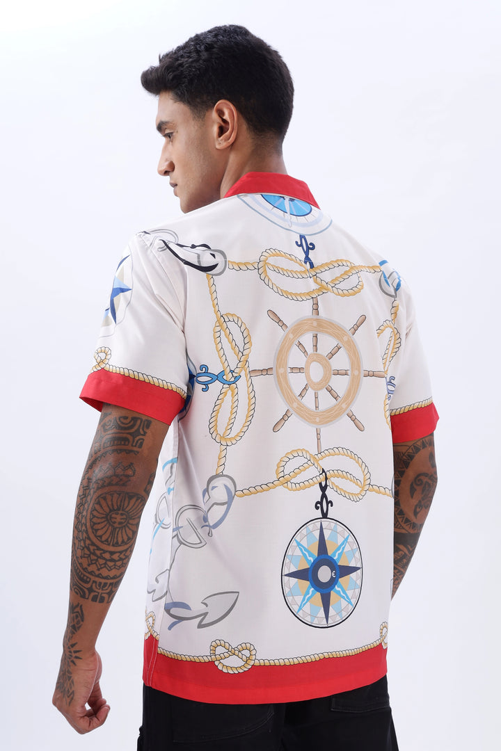 Compass and Anchor printed red half sleeve shirt