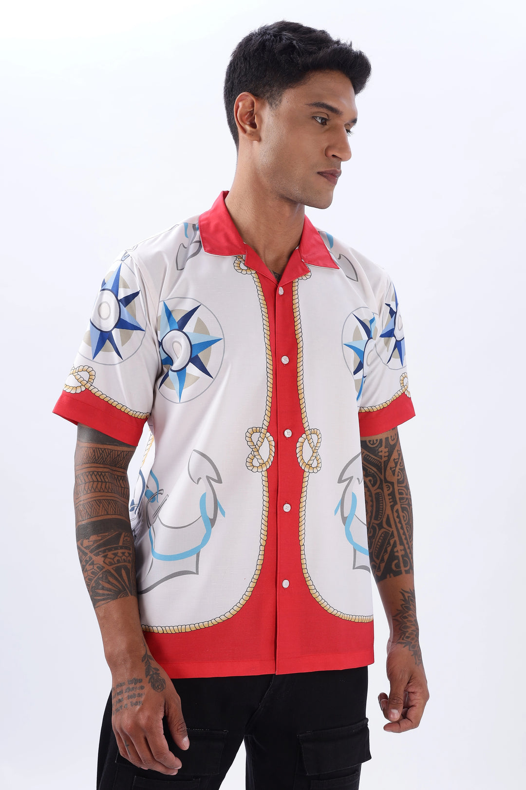 Compass and Anchor printed red half sleeve shirt