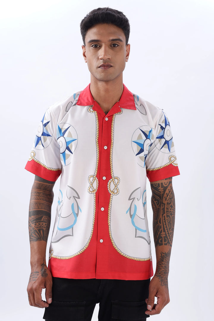 Compass and Anchor printed red half sleeve shirt