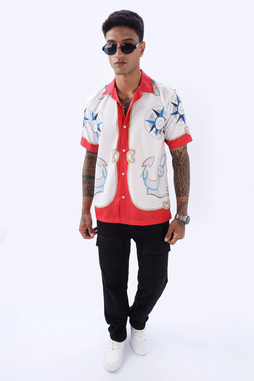 Compass and Anchor printed red half sleeve shirt