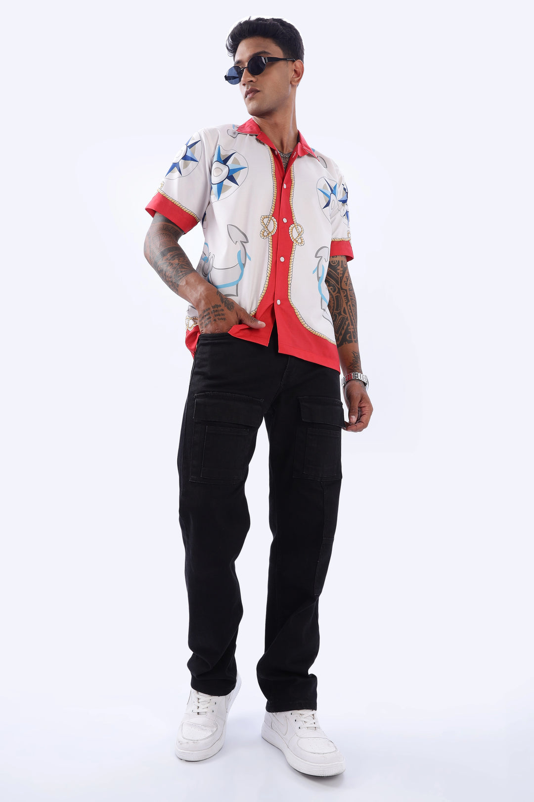 Compass and Anchor printed red half sleeve shirt