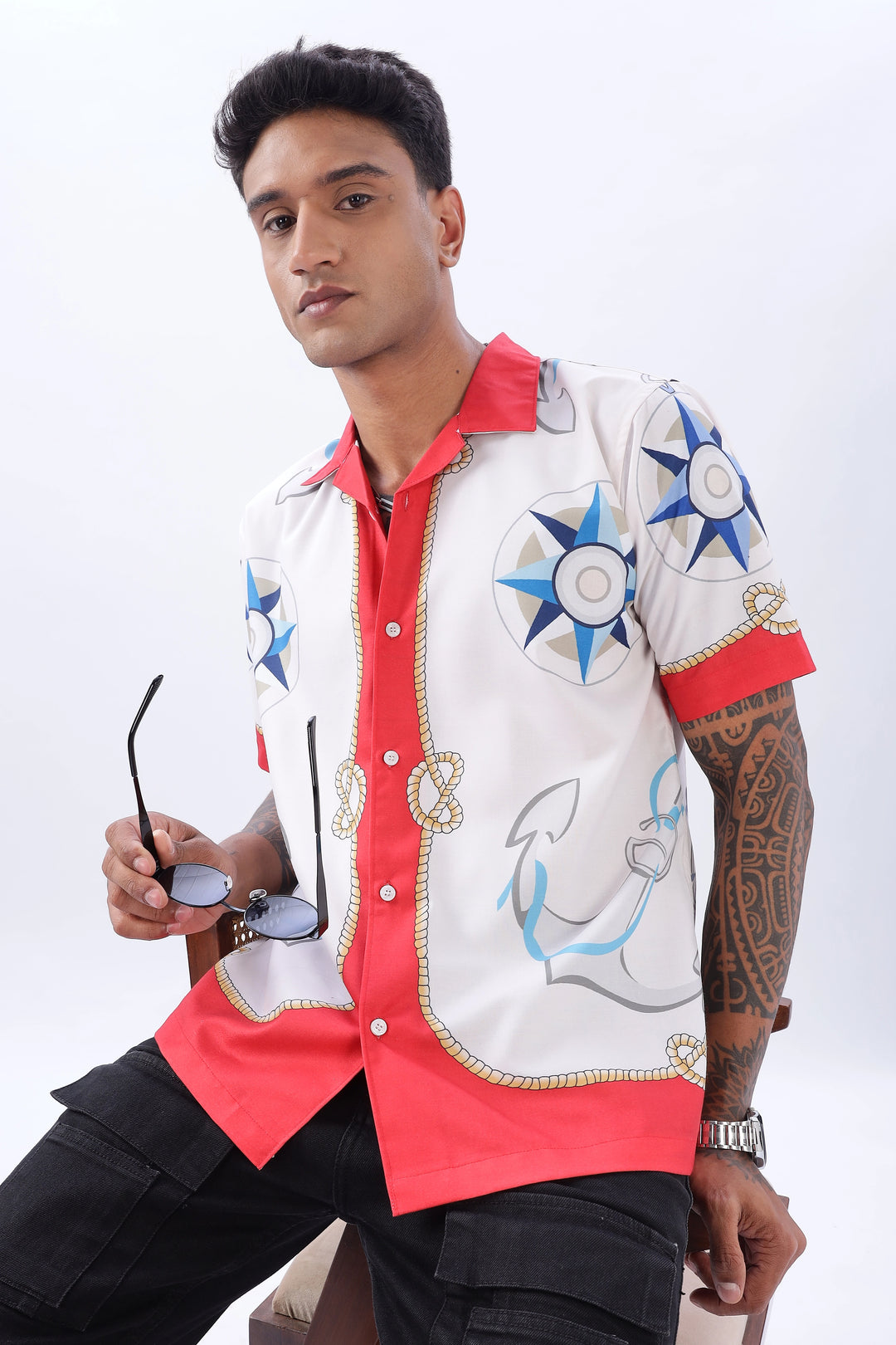 Compass and Anchor printed red half sleeve shirt