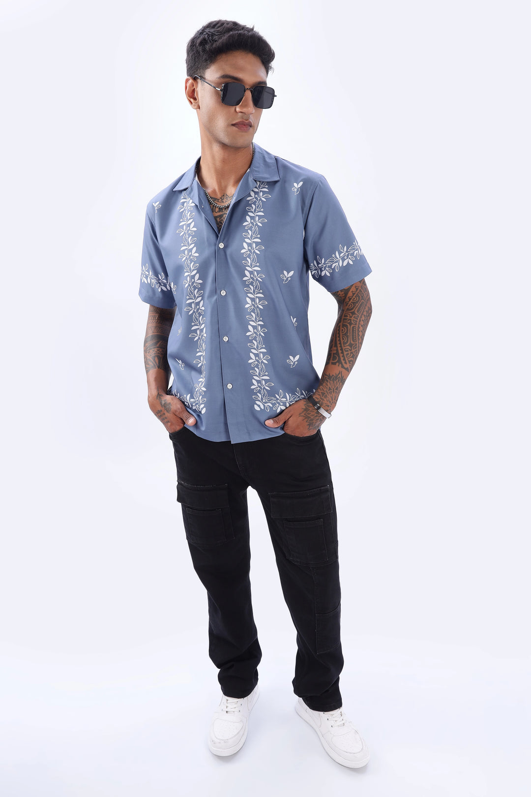 Lightblue border printed camp collar short sleeve shirt