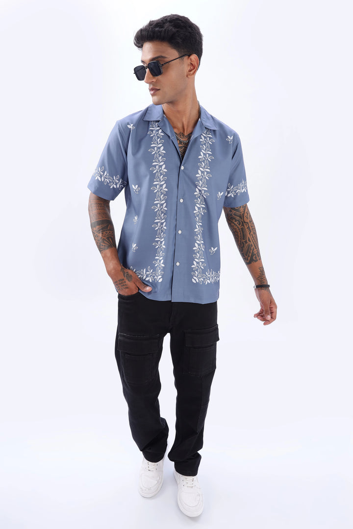 Lightblue border printed camp collar short sleeve shirt