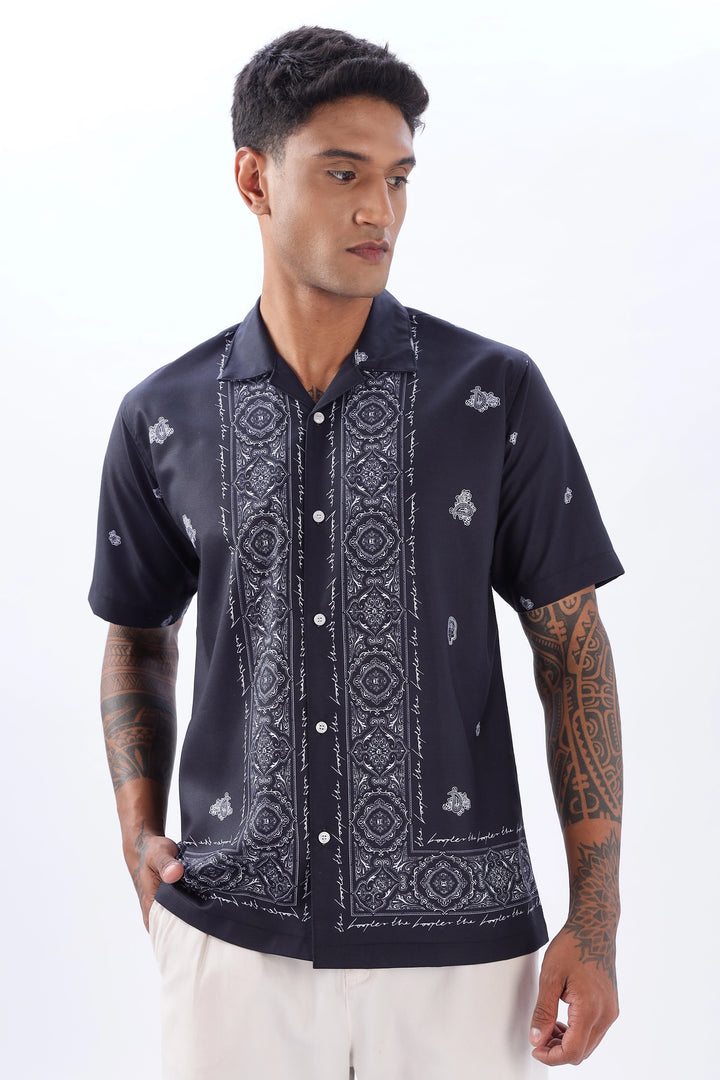 Navy paisley border printed camp collar shirt