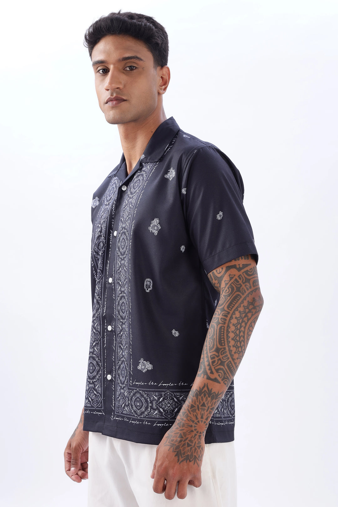 Navy paisley border printed camp collar shirt