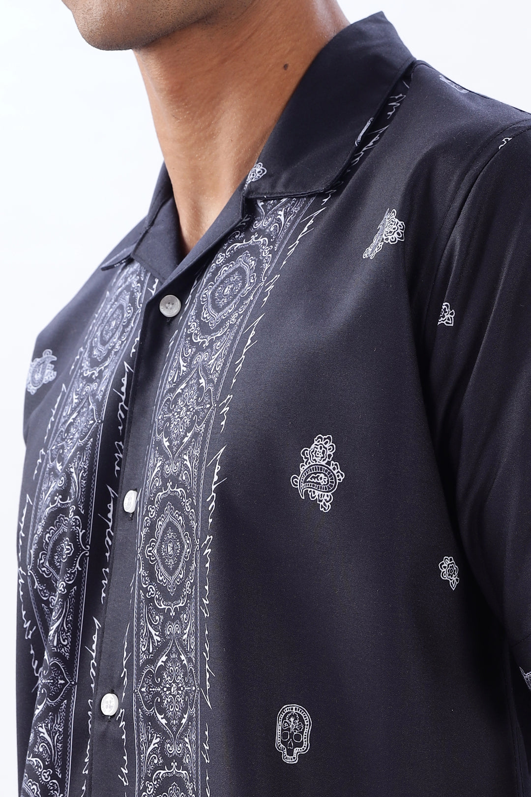 Navy paisley border printed camp collar shirt