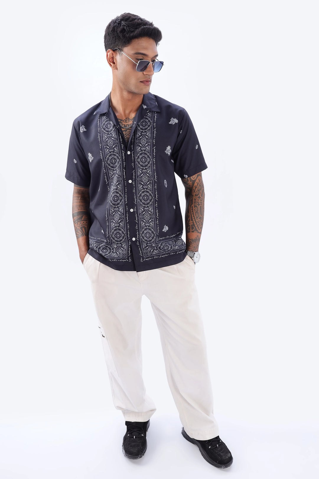 Navy paisley border printed camp collar shirt