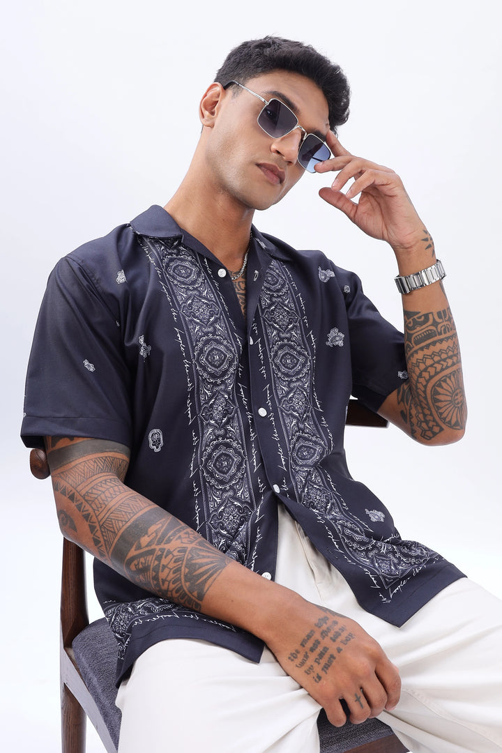 Navy paisley border printed camp collar shirt