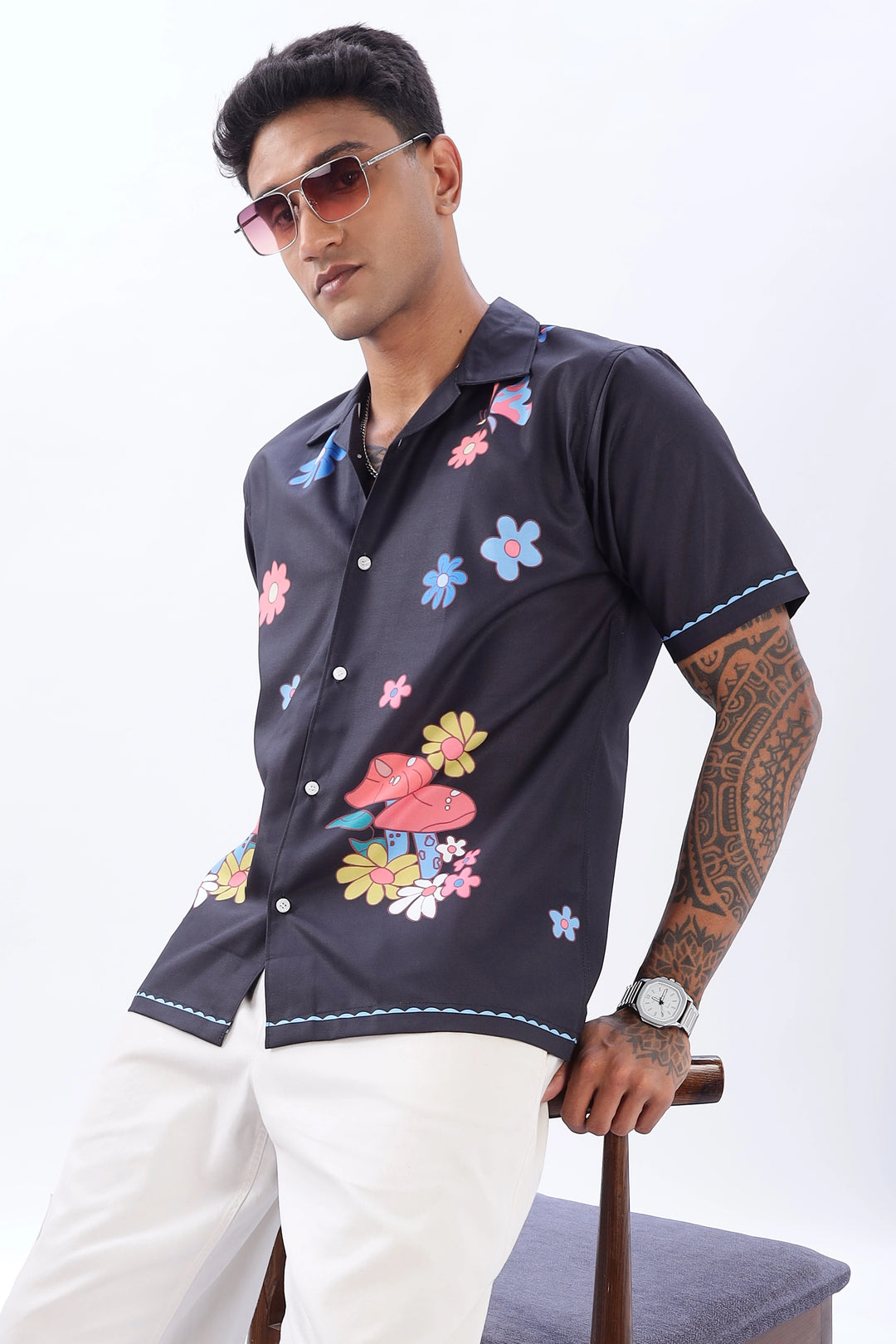 Black floral printed camp collar short sleeve shirt