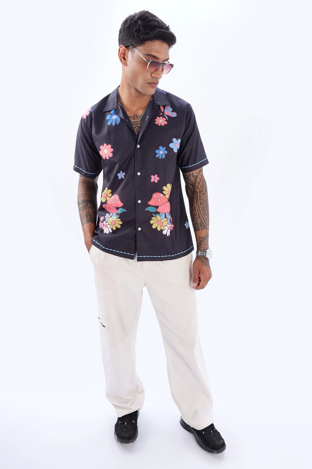 Black floral printed camp collar short sleeve shirt