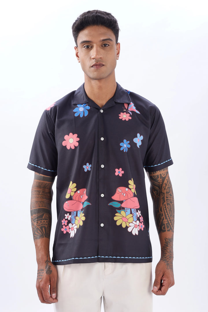 Black floral printed camp collar short sleeve shirt