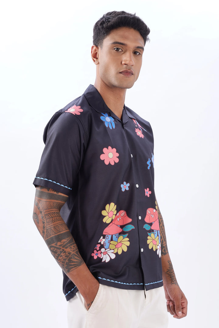 Black floral printed camp collar short sleeve shirt