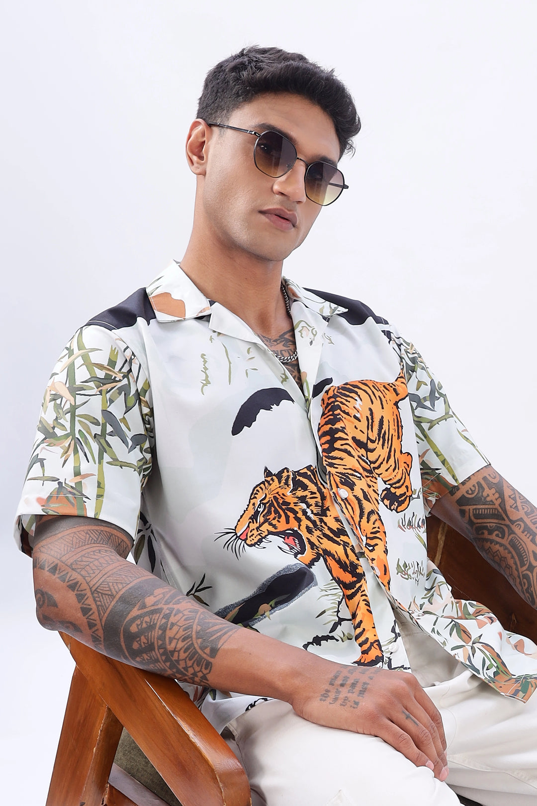 Tiger print short sleeve camp collar shirt