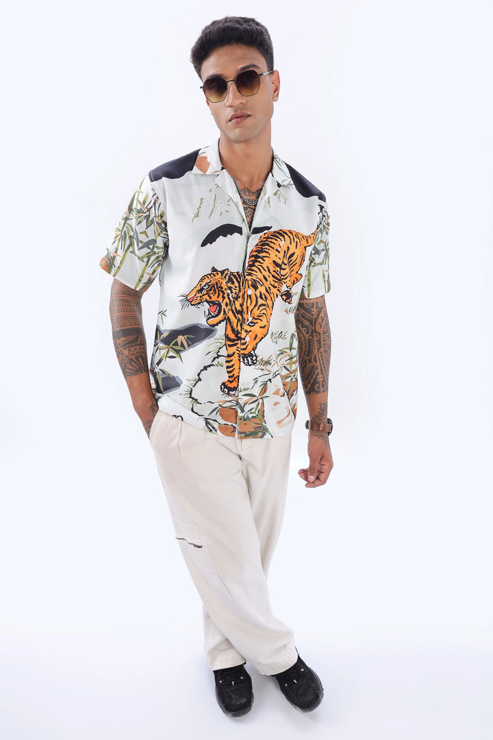 Tiger print short sleeve camp collar shirt