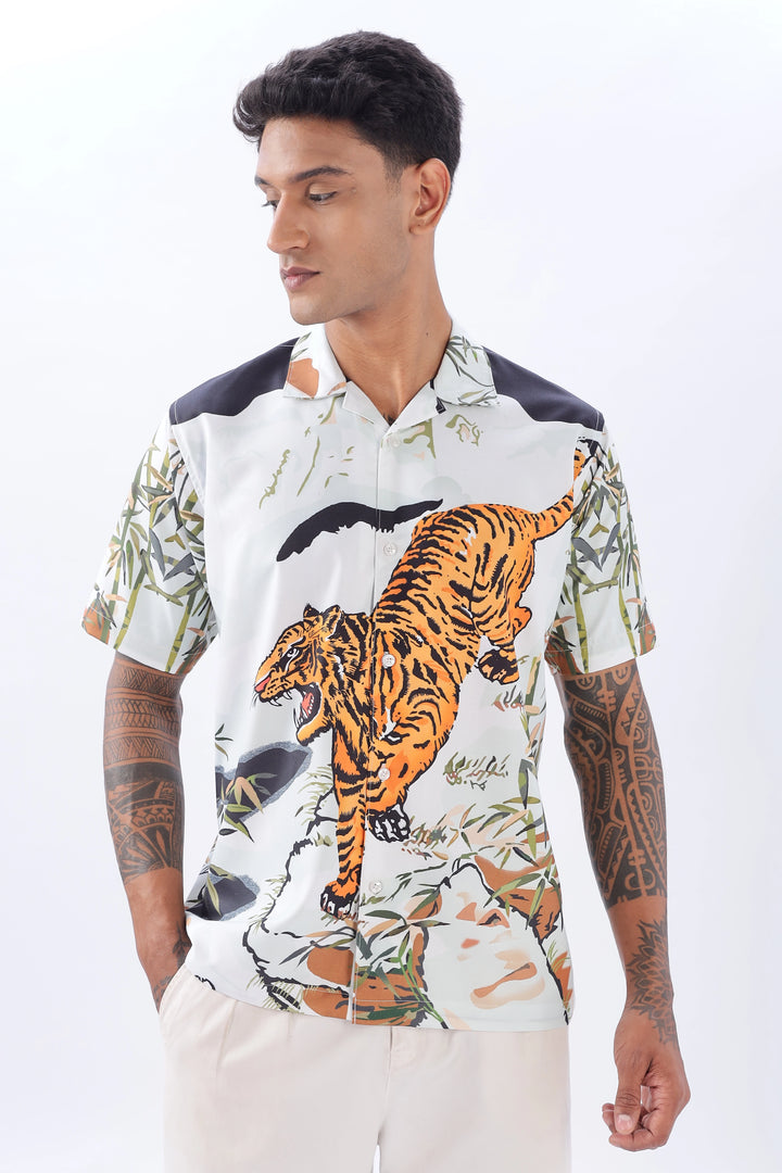 Tiger print short sleeve camp collar shirt