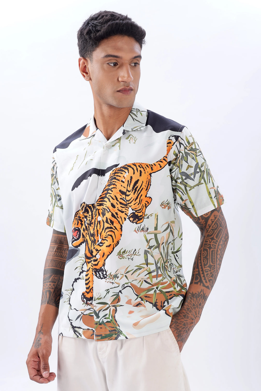 Tiger print short sleeve camp collar shirt