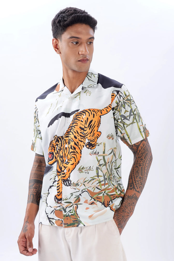 Tiger print short sleeve camp collar shirt