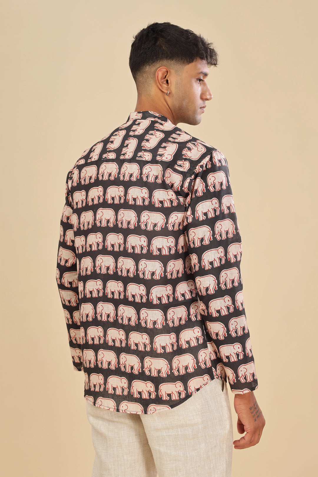 Black elephant printed linen short kurta