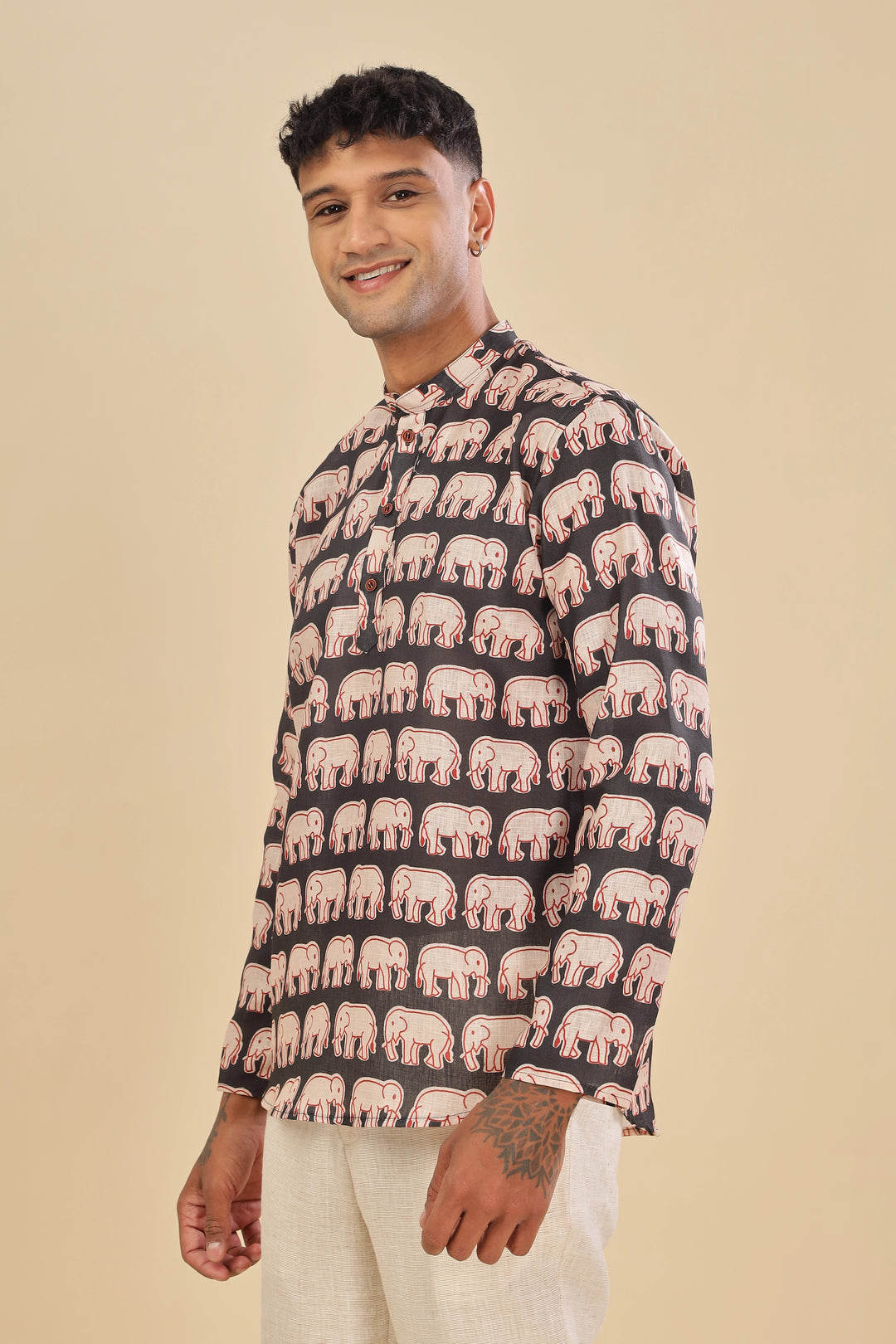 Black elephant printed linen short kurta