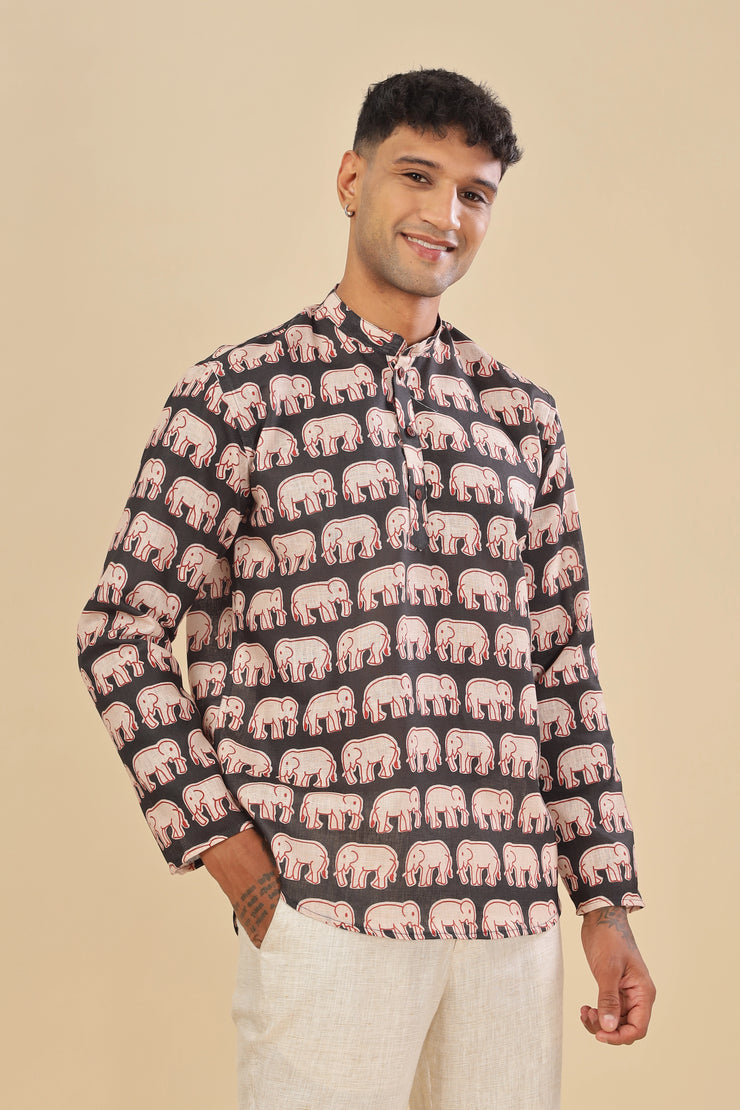 Black elephant printed linen short kurta