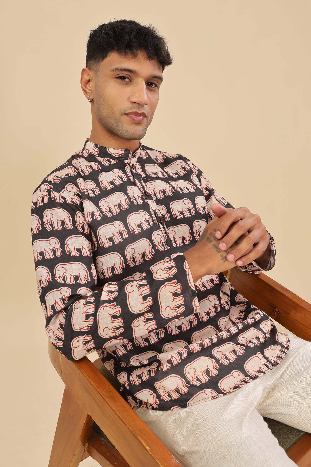 black  printed linen short kurta