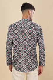 Black ethinic motif printed linen short kurta