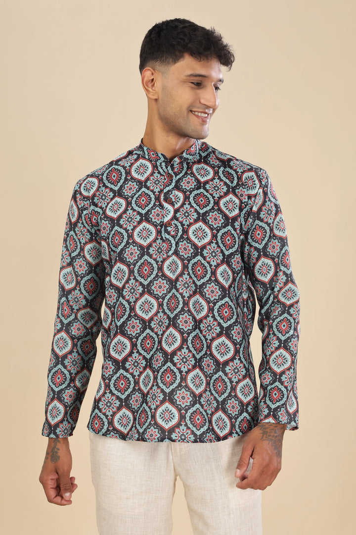 black ethinic motif printed linen short kurta