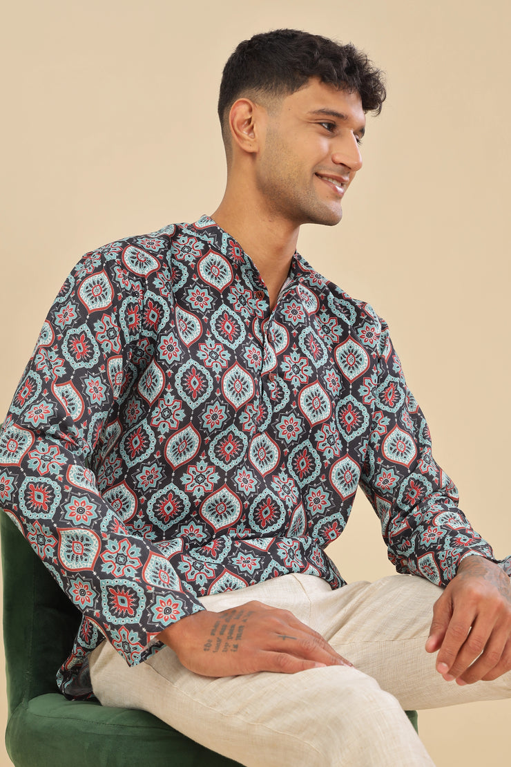 ethinic motif printed linen short kurta