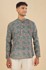 Green ethnic printed linen short kurta