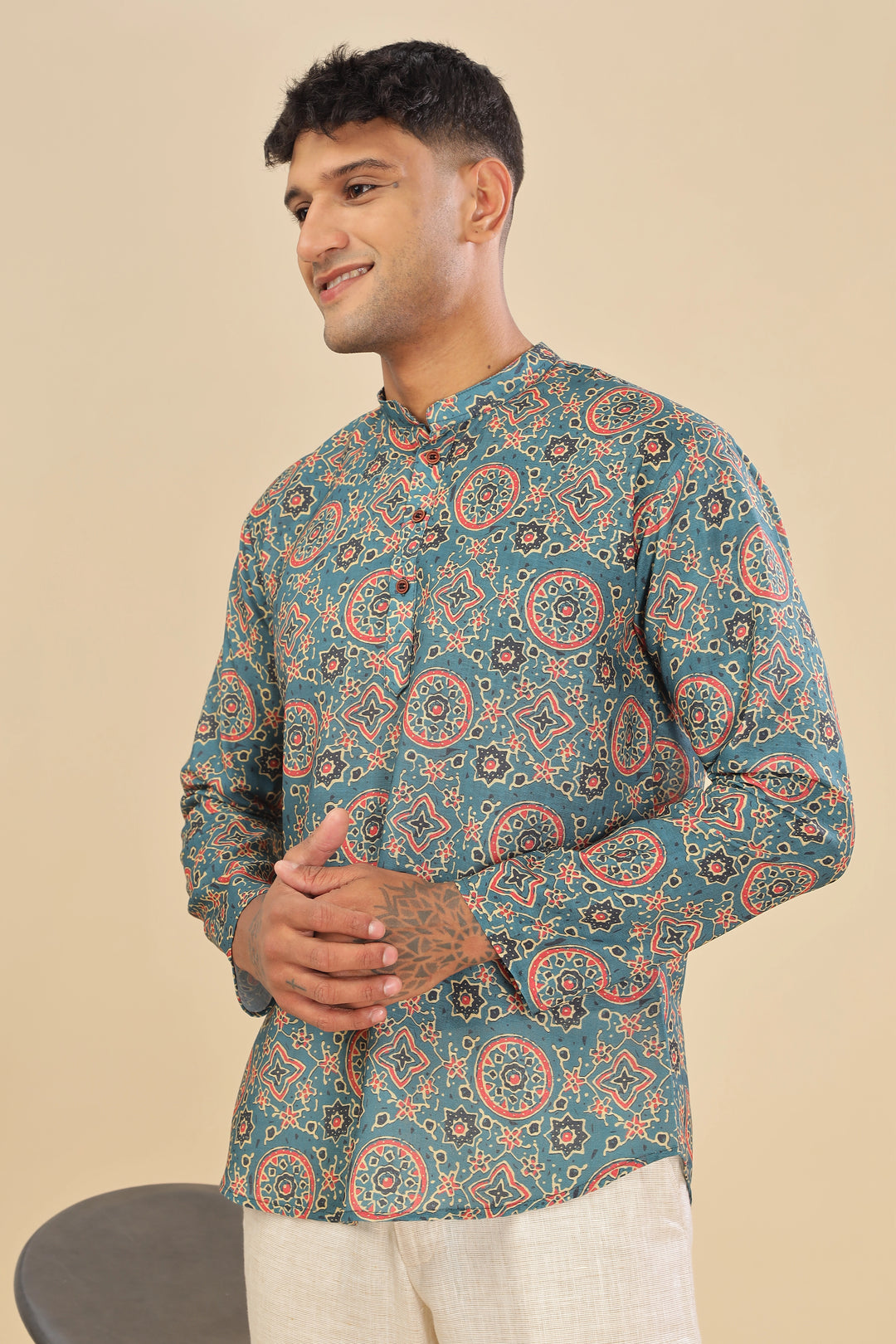 green printed linen short kurta