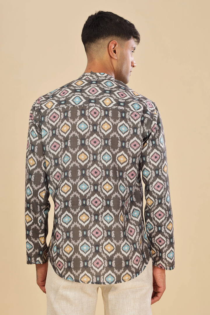 Brown ethnic printed linen short kurta