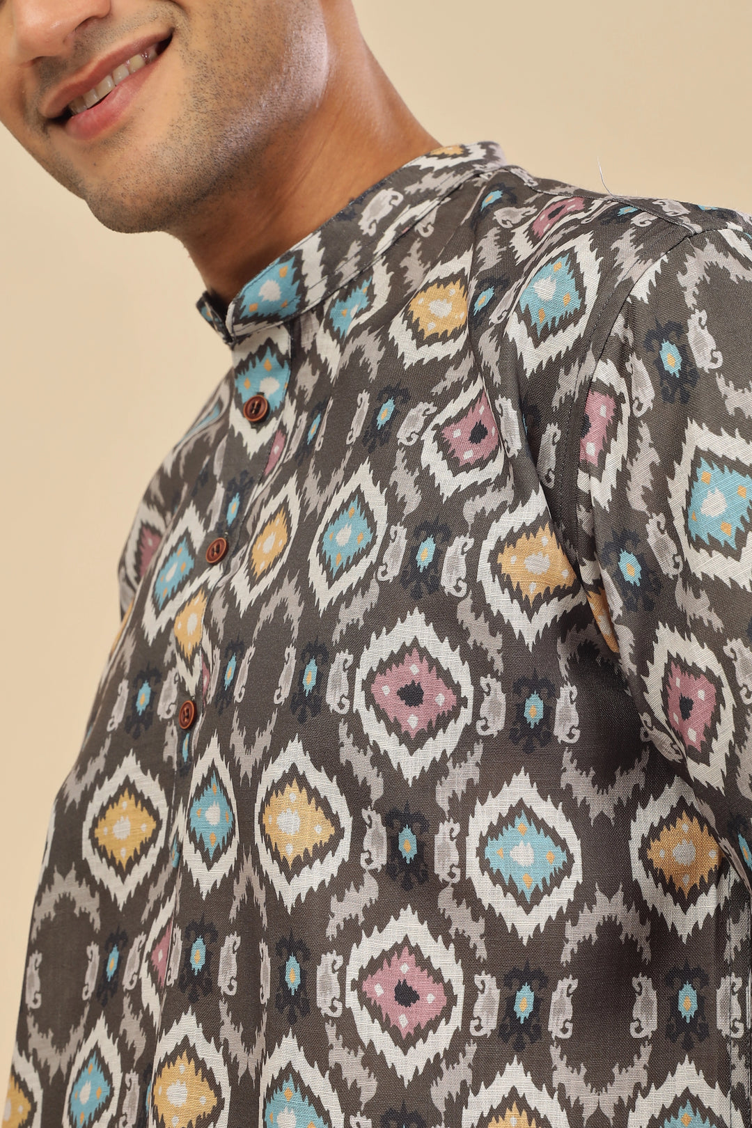 Brown ethnic printed linen short kurta