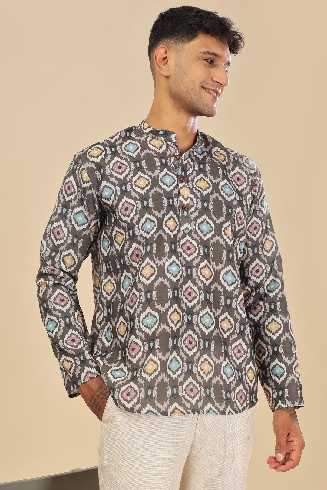 brown ethnic printed linen short kurta