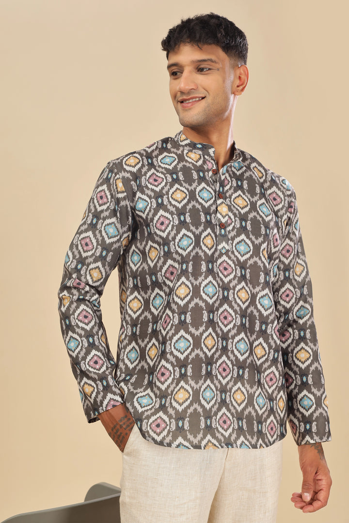 Brown ethnic printed linen short kurta