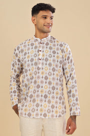 Offwhite ikat printed linen short kurta