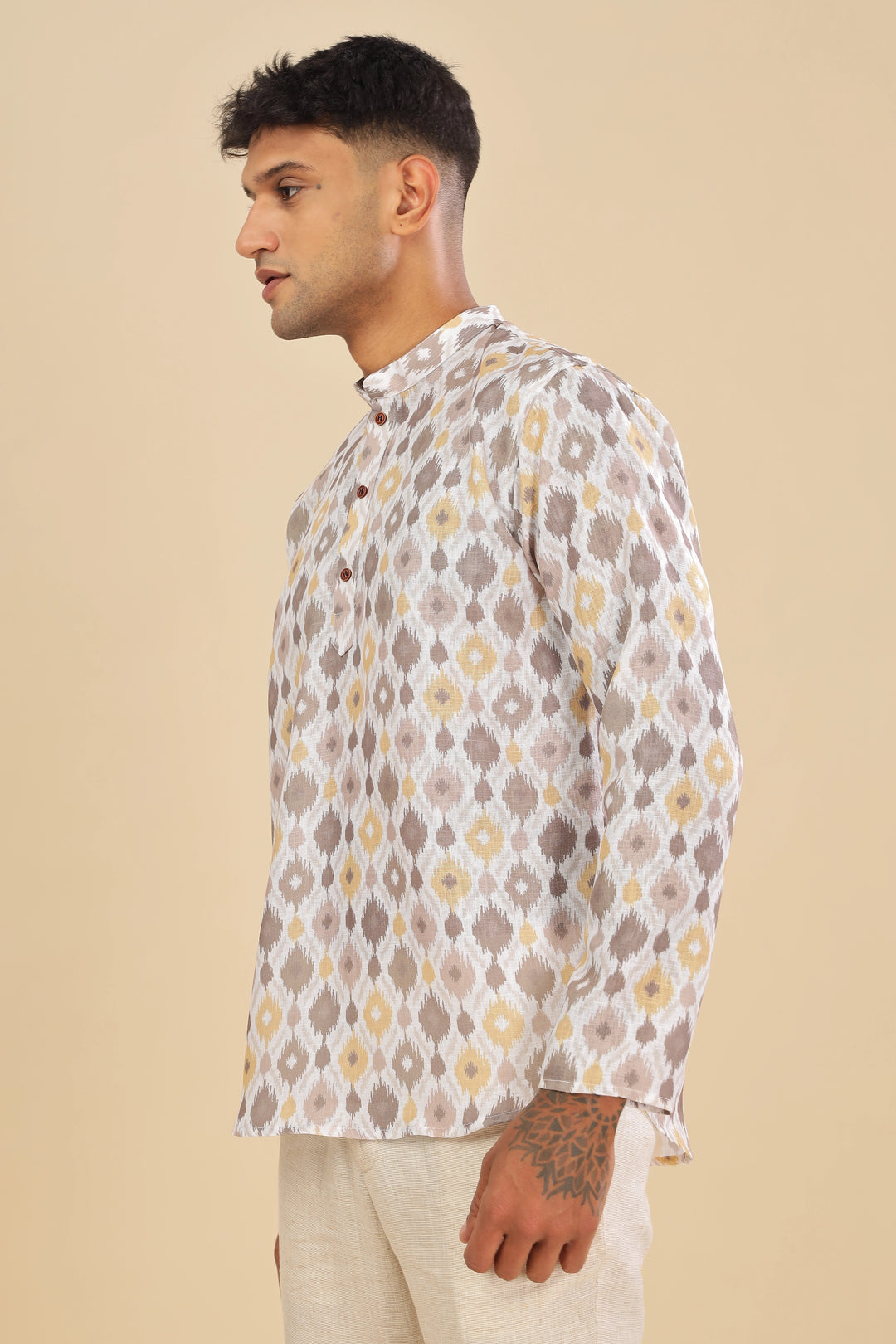 Offwhite ikat printed linen short kurta