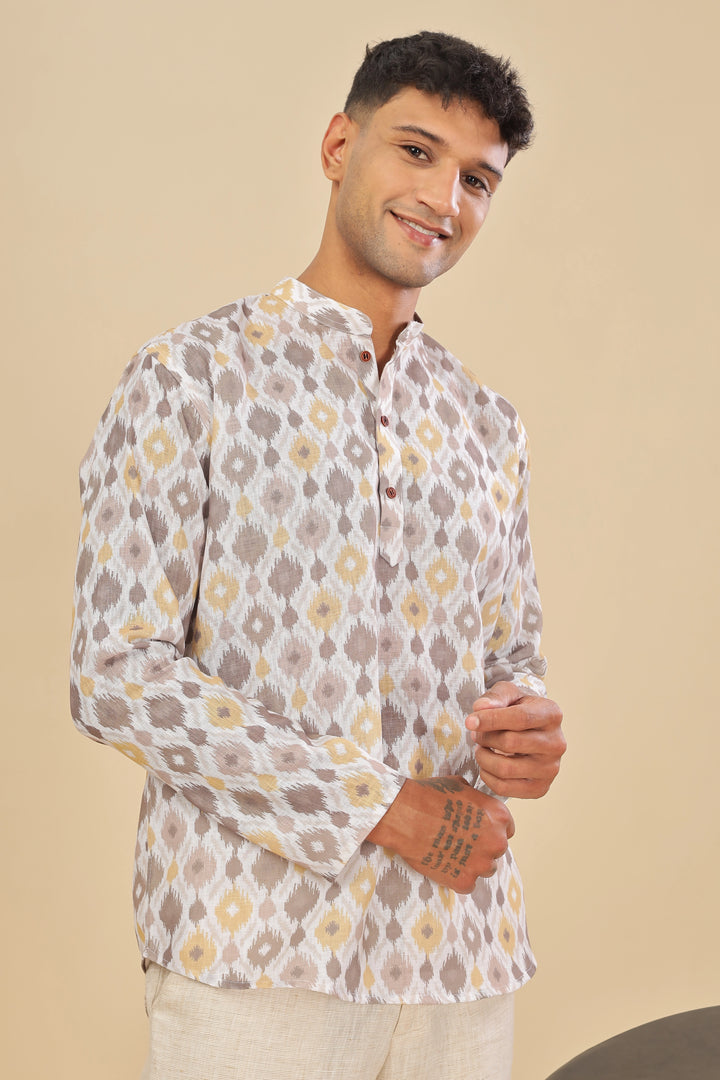 Offwhite ikat printed linen short kurta