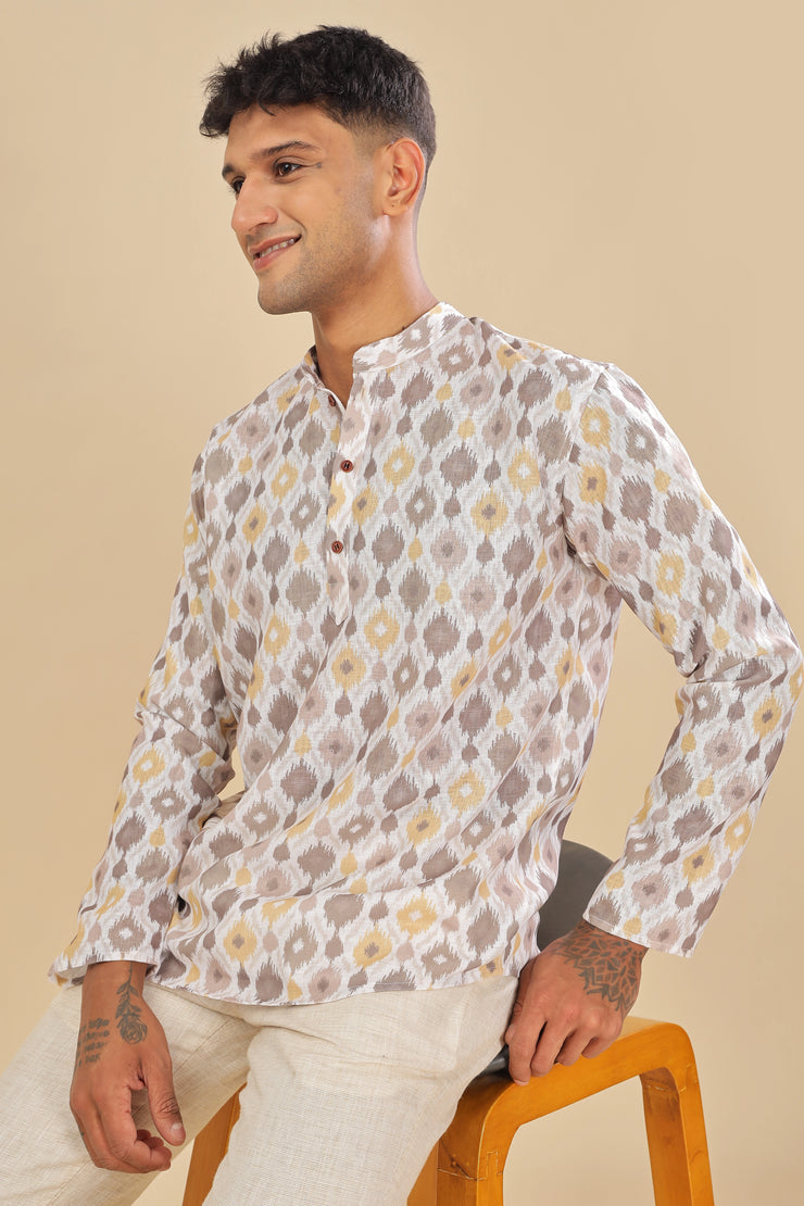 Offwhite ikat printed linen short kurta