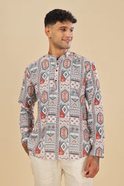 Cream ethnic motifs printed linen short kurta