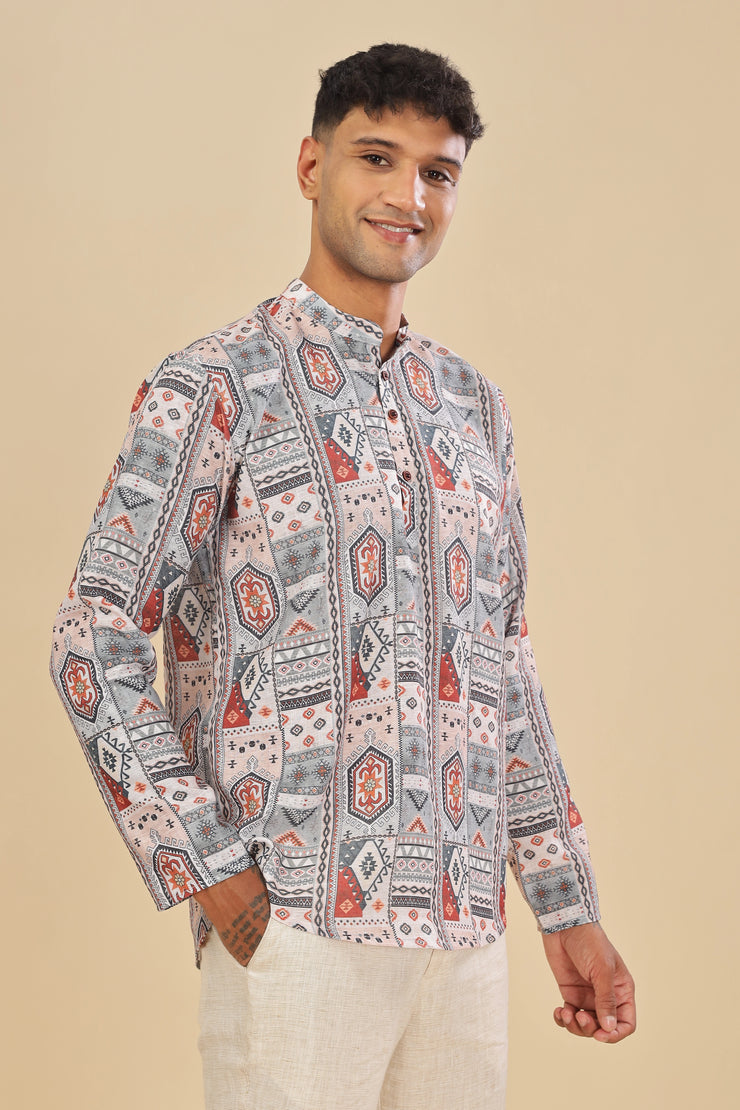 Cream ethnic motifs printed linen short kurta