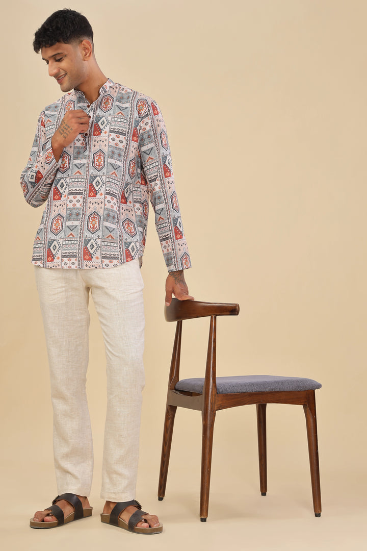 cream printed linen short kurta