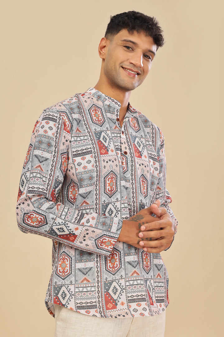 Cream ethnic motifs printed linen short kurta