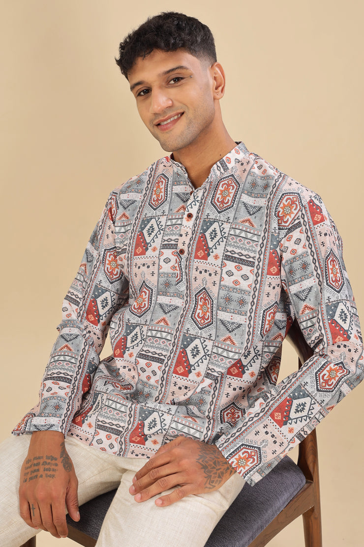 ethnic motifs printed linen short kurta