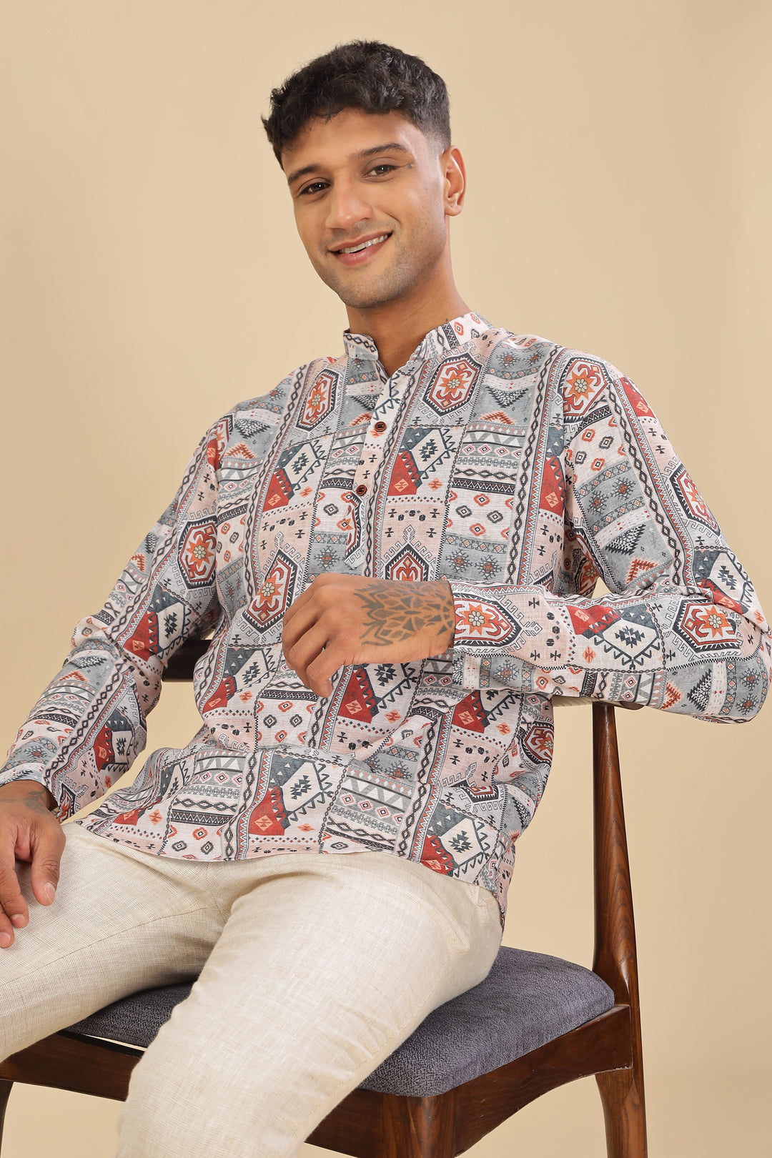 Cream ethnic motifs printed linen short kurta